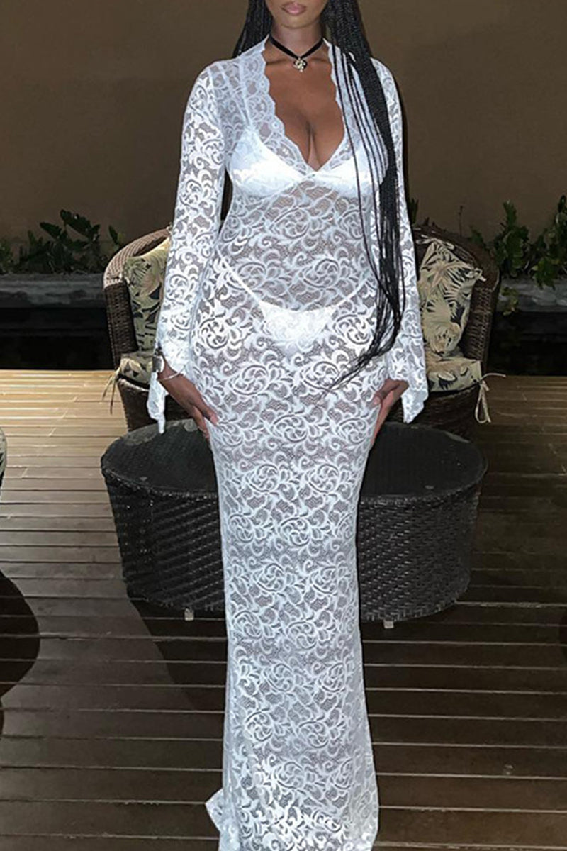 Street Lace Patchwork See-through V Neck Long Dress Dresses