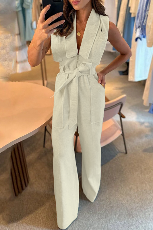 Bandage Pocket Turndown Collar Loose Jumpsuits