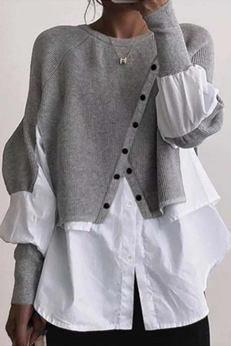 Patchwork Buttons O Neck Blouses(6 Colors)
