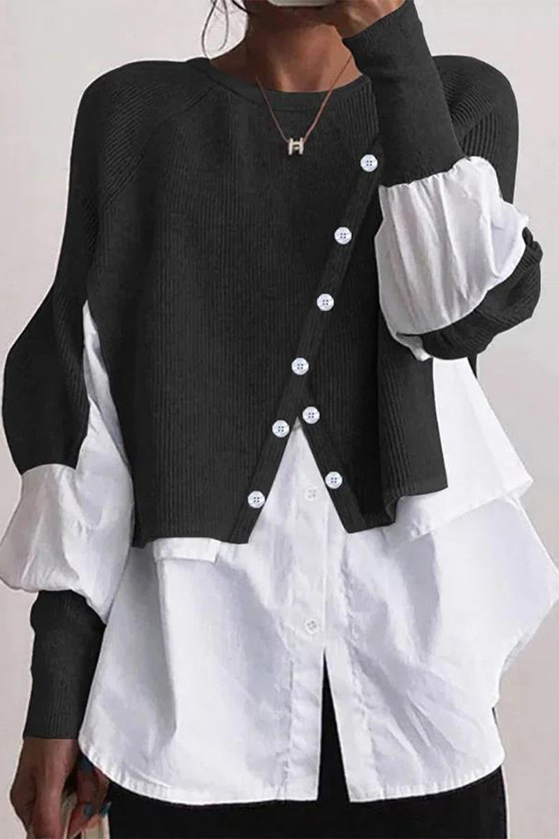 Patchwork Buttons O Neck Blouses(6 Colors)