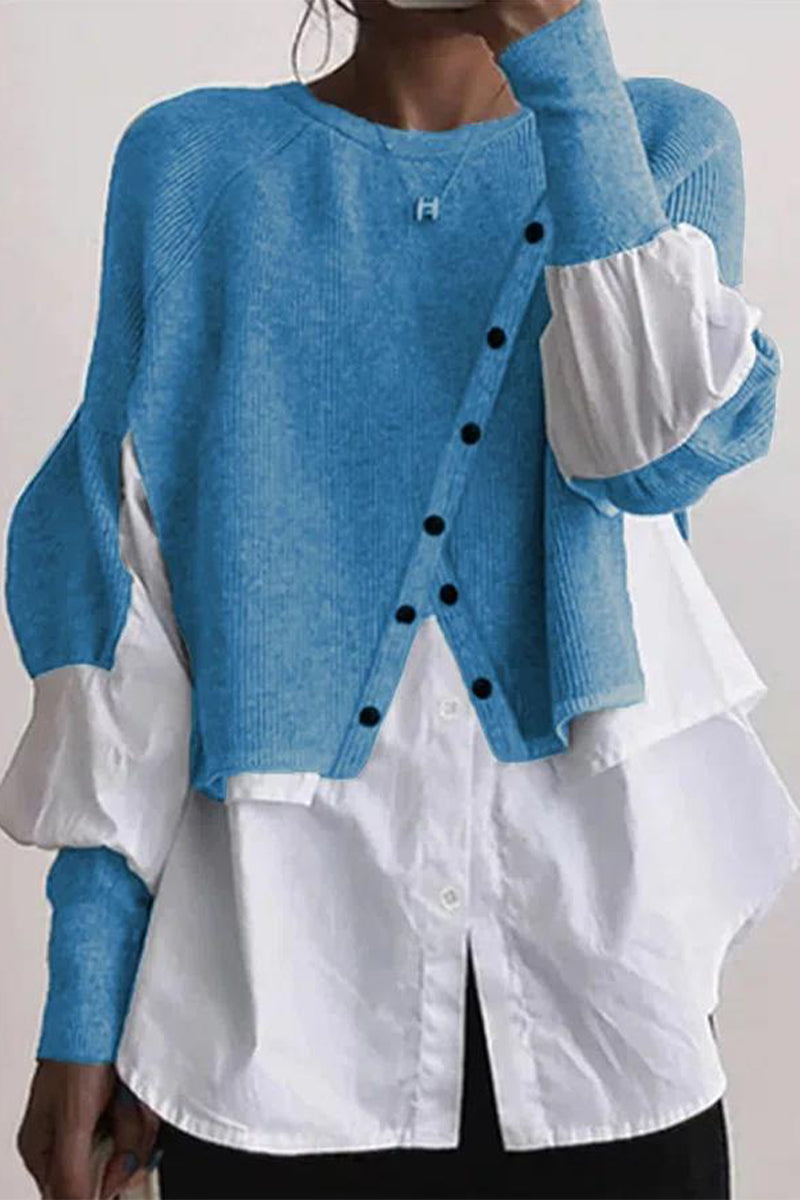 Patchwork Buttons O Neck Blouses(6 Colors)