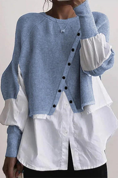 Patchwork Buttons O Neck Blouses(6 Colors)