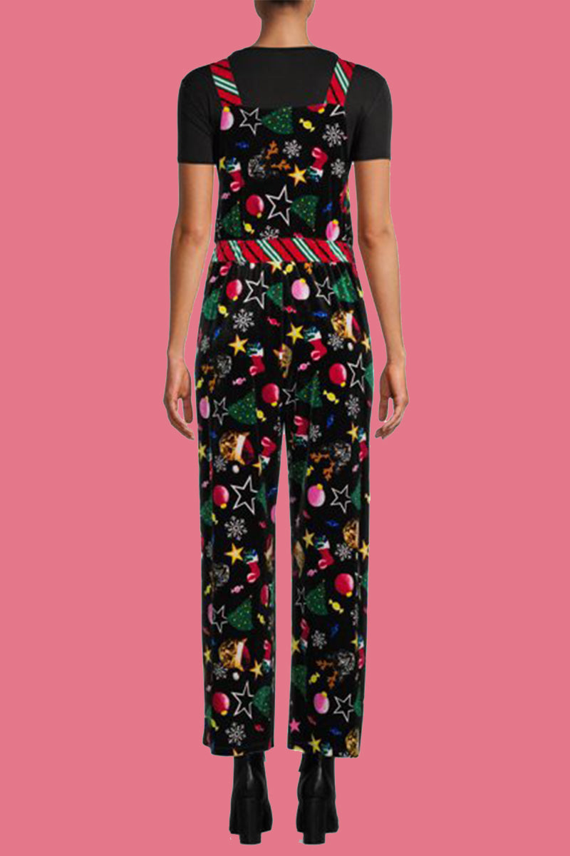 Wapiti Snowflakes Christmas Tree Printed Patchwork Square Collar Loose Jumpsuits