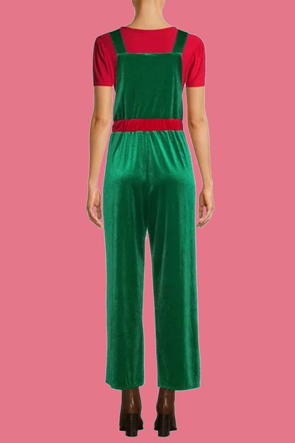 Wapiti Snowflakes Christmas Tree Printed Patchwork Square Collar Loose Jumpsuits