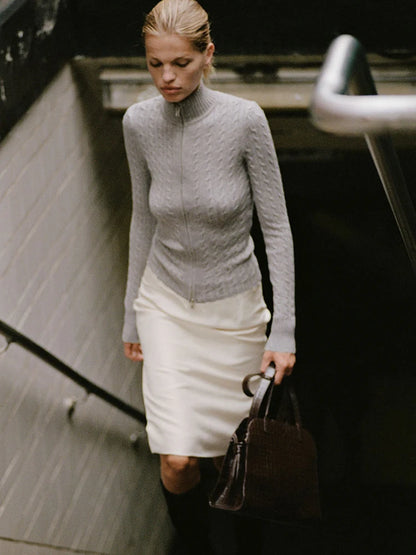Knitted Turtleneck Zipper Cardigans Sweater Yellow Long Sleeve Warm Sweater Female Autumn