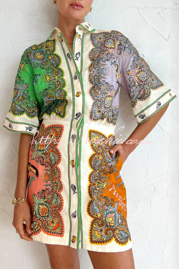 Coco Mermaid Print Button Down Pockered Shirt Mini Dress