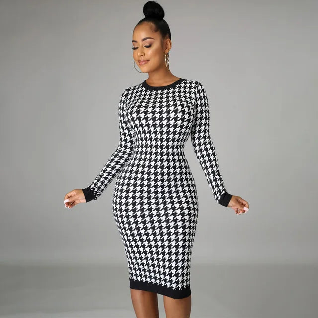 Houndstooth Print Long Sleeve Midi Dress Hollow Out Bodycon Autumn Winter Club Slim