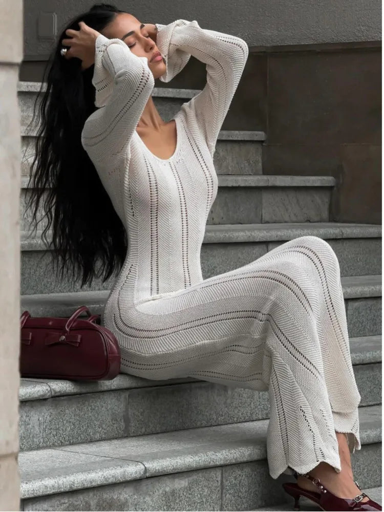 Knitted Sweater Long Sleeved V-neck Dress Slim Hollow Out Female Vesidos Party Club Evening Dress Vacation