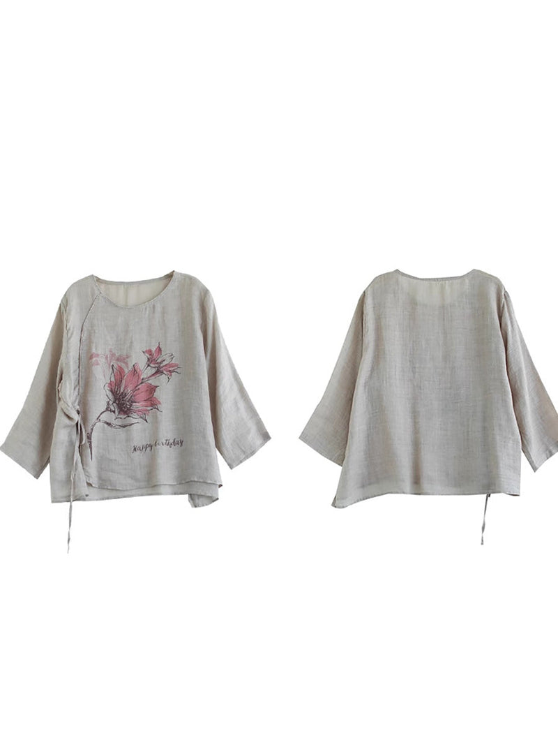 Spring Flower Strap Ramie Blouse Kl1039