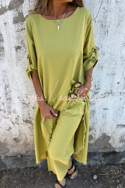 Jamilah Linen Blend Ring Detail Midi Blouse and Elastic Waist Pocketed Loose Pants Set