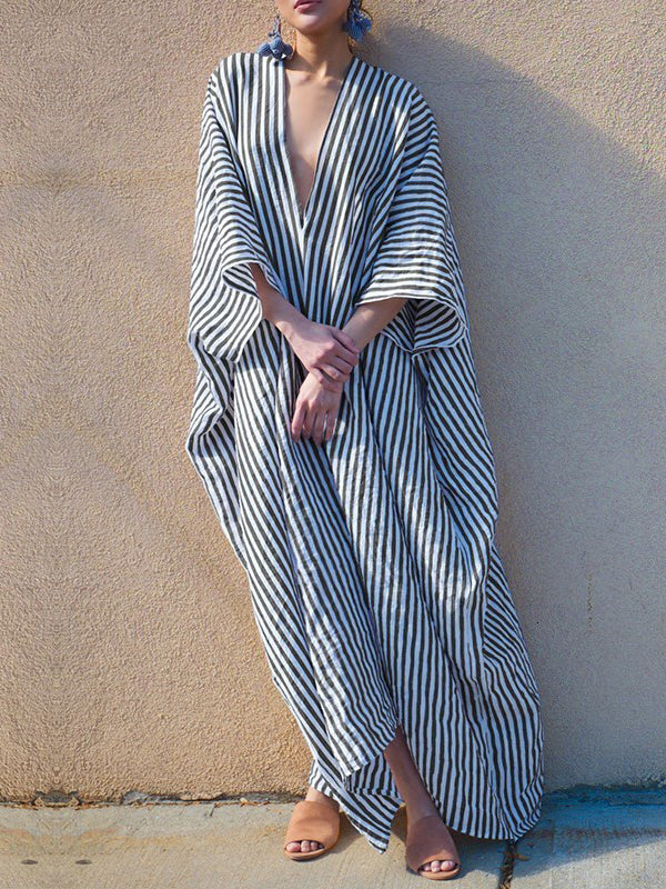 Batwing Sleeves Loose Striped V-back Deep V-neck Maxi Dresses