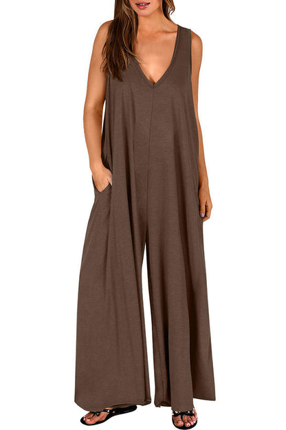 Color V-neck Sleeveless Loose Pocket Wide-leg Jumpsuit