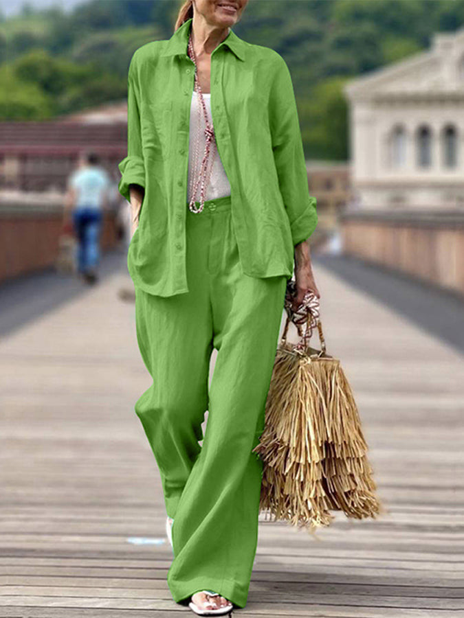 Cotton Color Long Sleeve Shirt and Pants Set