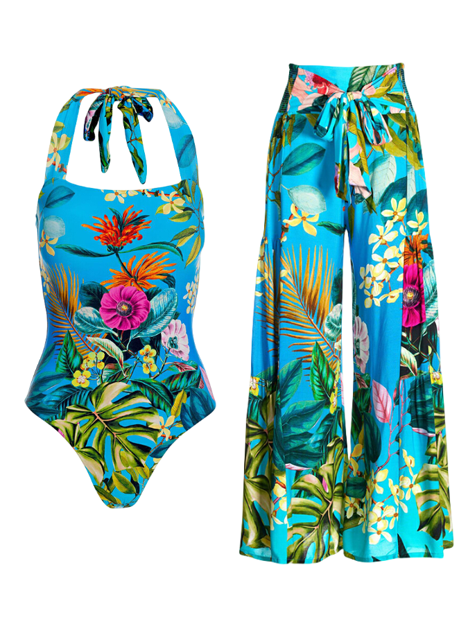 Printed One Piece Swimsuit and Wide-leg Pants