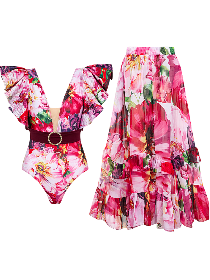Ruffle V Neck Flower Printed One Piece Swimsuit and Skirt