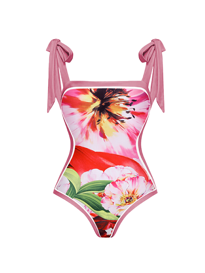 Ruffle Cut Out Flower Printed One Piece Swimsuit and Skirt