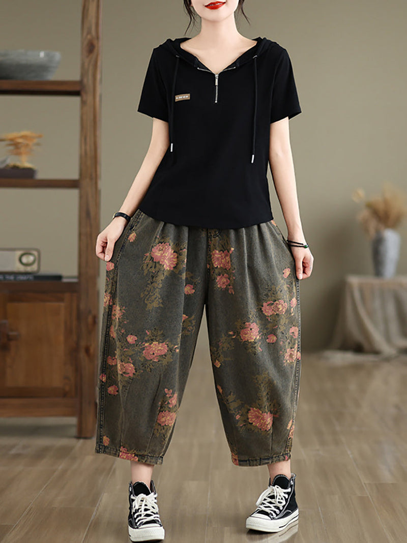 Summer Retro Flower Denim Loose Pants Ii1003