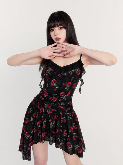 Print Gothic Mini Dress With Asymmetric Hem