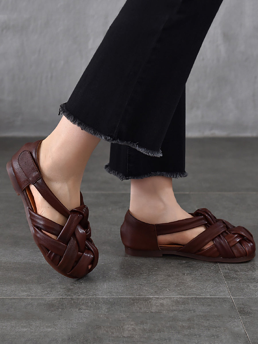 Summer Leather Flat Retro Weave Genuine Shoes