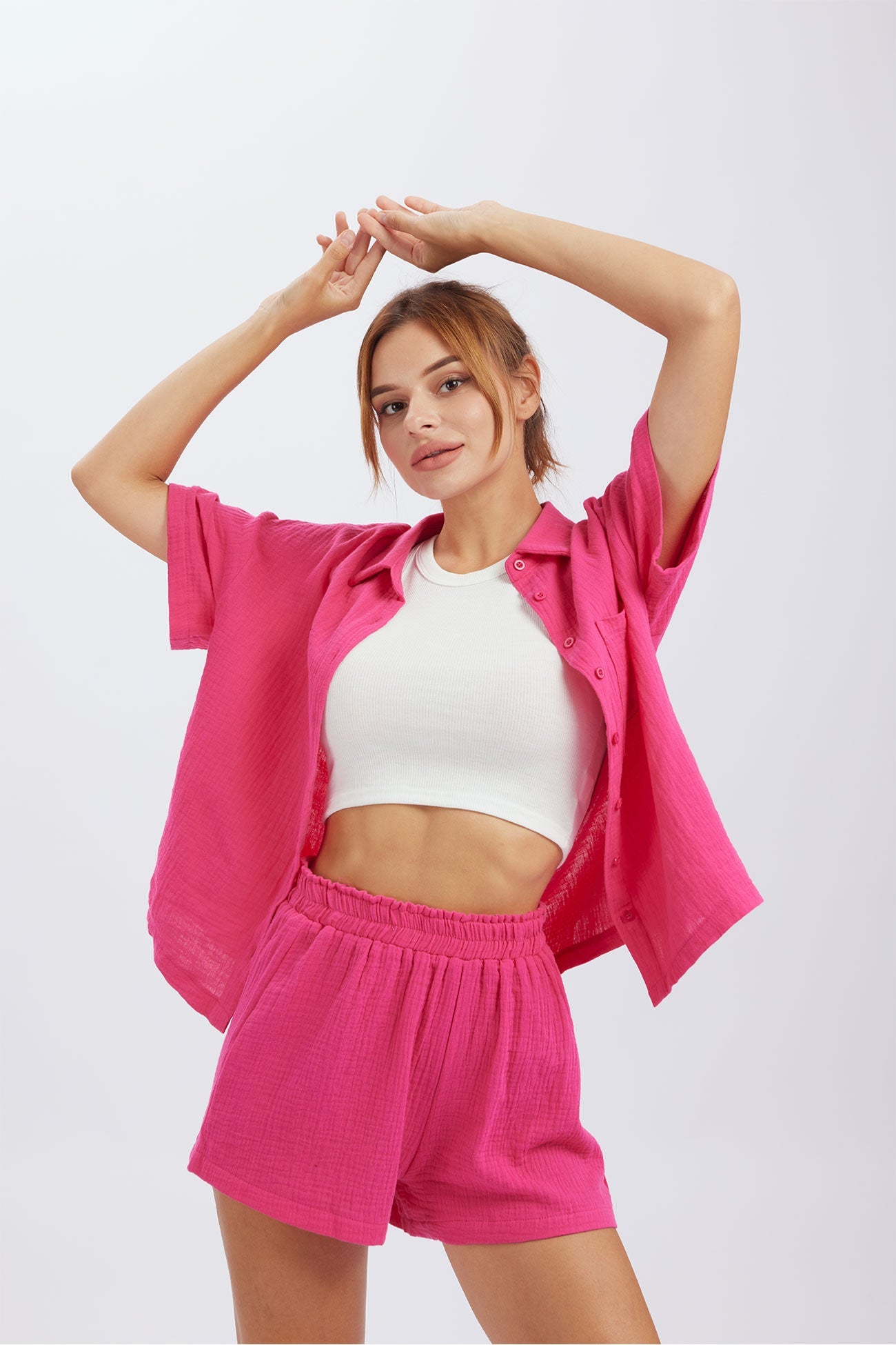 Color Short Sleeve Shirt Cotton Two-piece Shorts Set