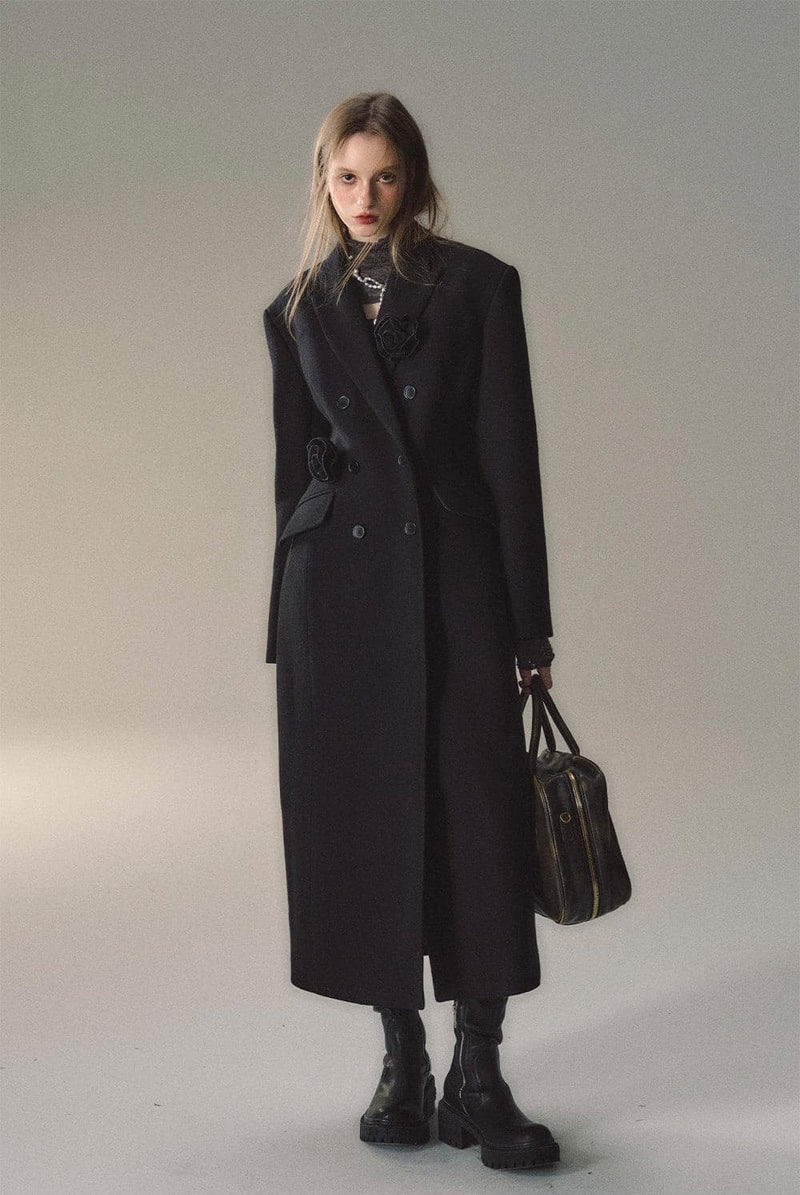 Cream Woolen Double-breasted Coat