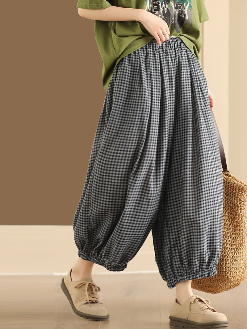 Summer Plaid Cotton Harem Pants Bn1021