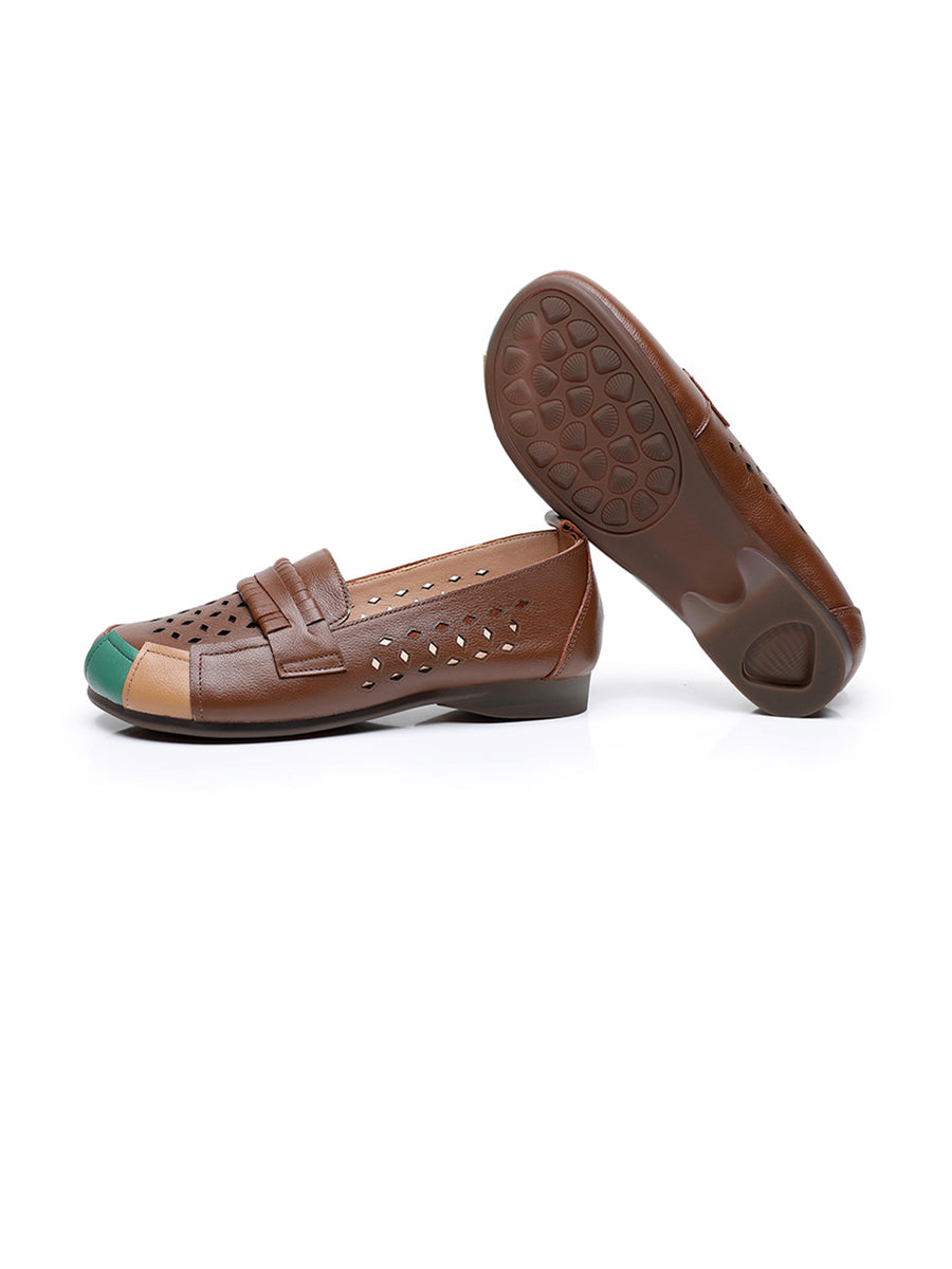 Summer Leather Colorblock Cutout Flat Shoes Ui1030