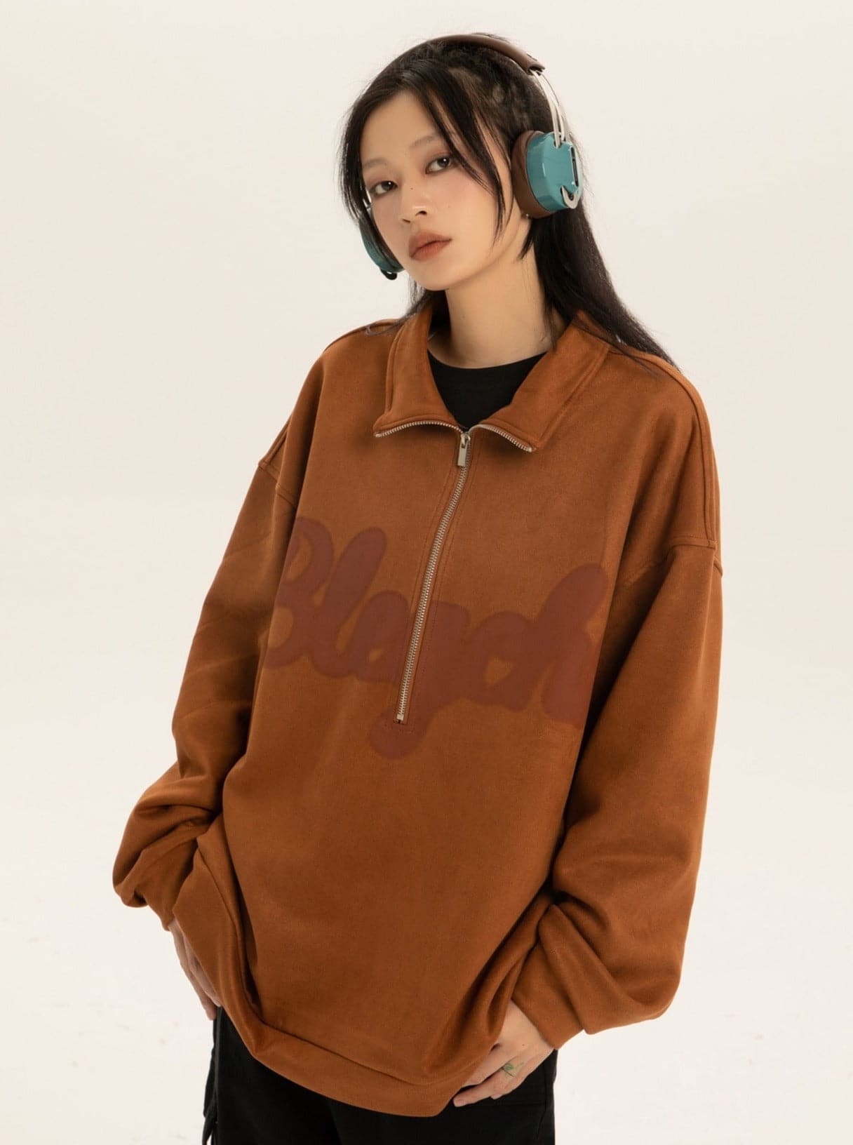 Oversized Suede Sweatshirt With Zipper Polo Collar