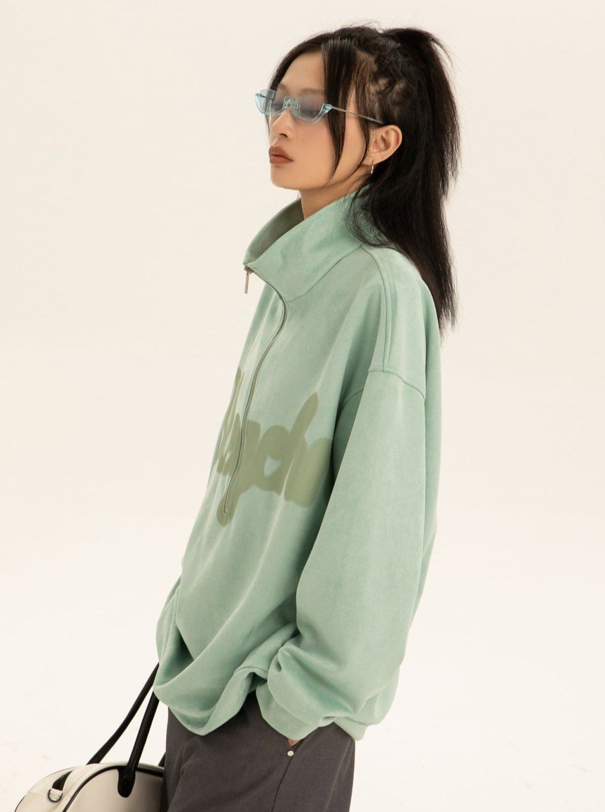 Oversized Suede Sweatshirt With Zipper Polo Collar