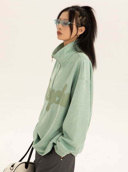 Oversized Suede Sweatshirt With Zipper Polo Collar