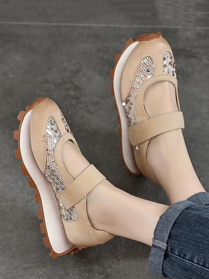 Summer Leather Spliced Mesh Sequin Platform Shoes Xx1022