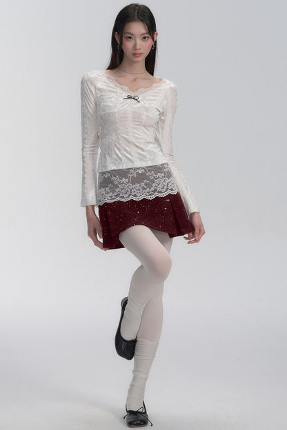 Lace-trimmed Velvet Blouse and Skirt Set-up