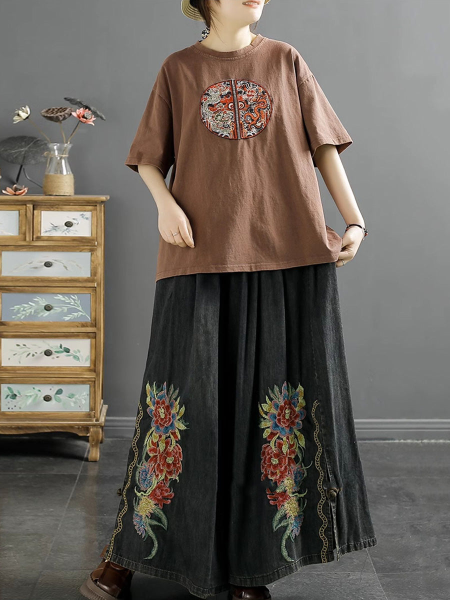Summer Artsy Flower Embroidery Wide-leg Denim Pants Co1043