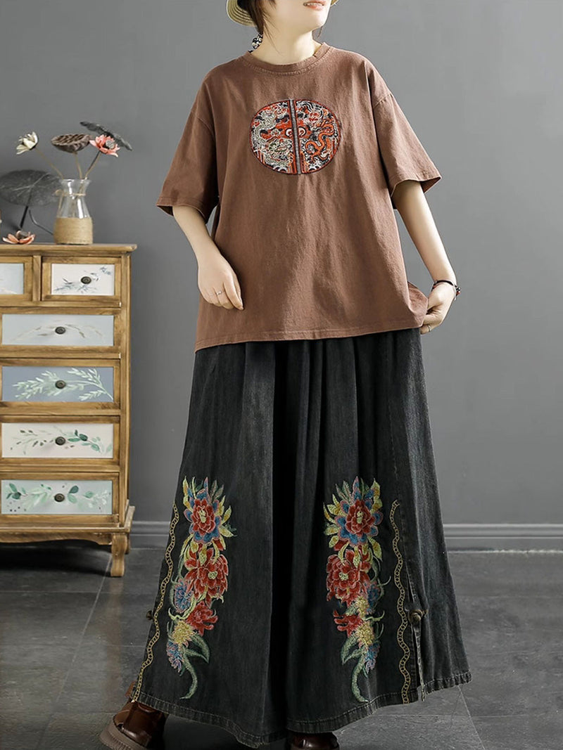 Summer Artsy Flower Embroidery Wide-leg Denim Pants Co1043