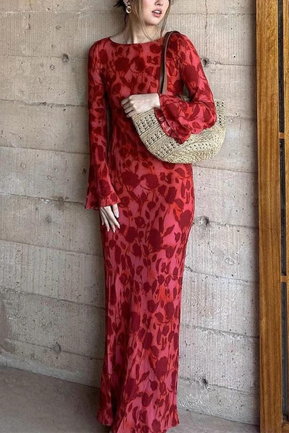 Bell Long Sleeves Print Maxi Dress