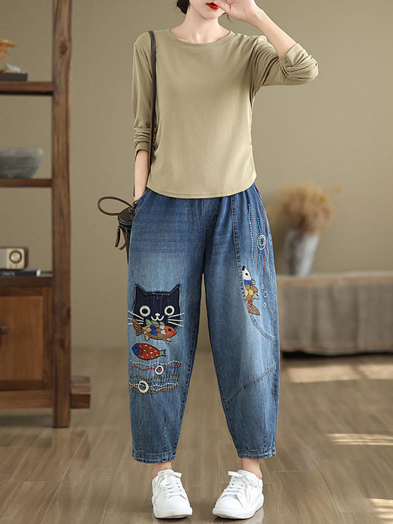 Autumn Cat Patch Spliced Denim Harem Pants Av1004
