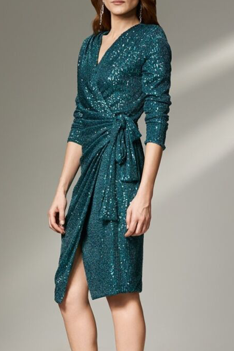 Bandage Sequins V Neck Wrapped Skirt Dresses