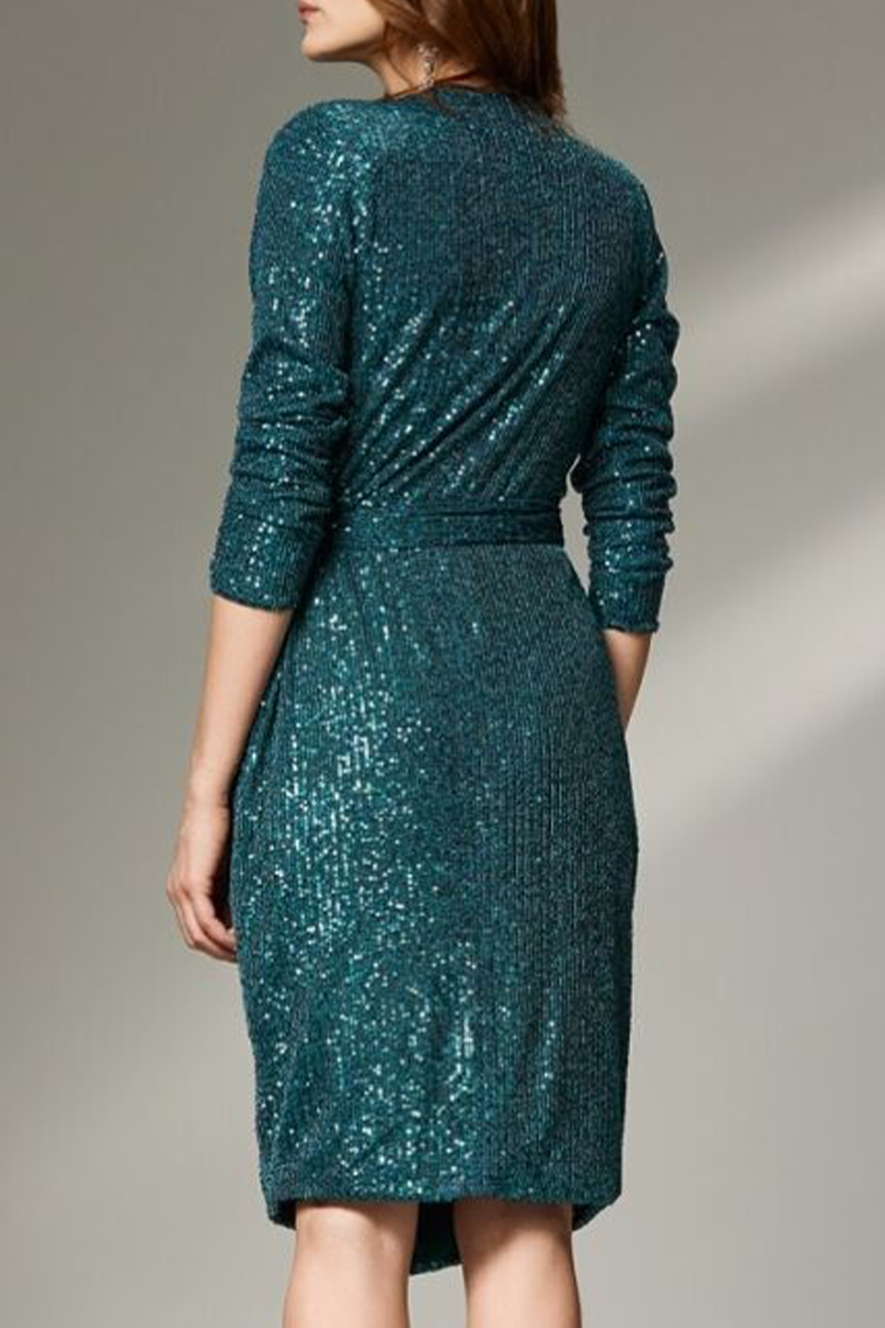 Bandage Sequins V Neck Wrapped Skirt Dresses