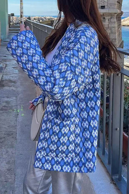 Geometric Patchwork Pocket Cardigan Collar Outerwear