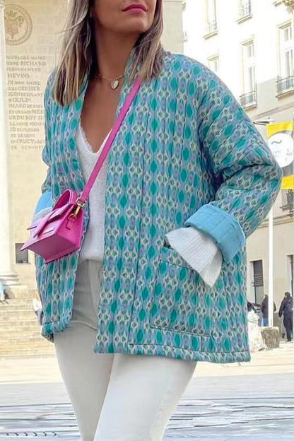 Geometric Patchwork Pocket Cardigan Collar Outerwear