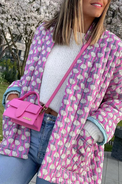 Geometric Patchwork Pocket Cardigan Collar Outerwear