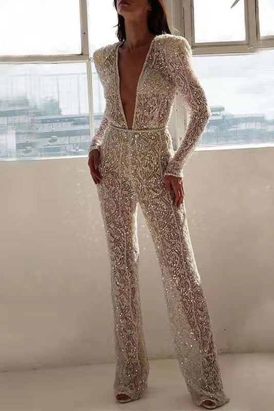 See-through Sequined V Neck Regular Jumpsuits