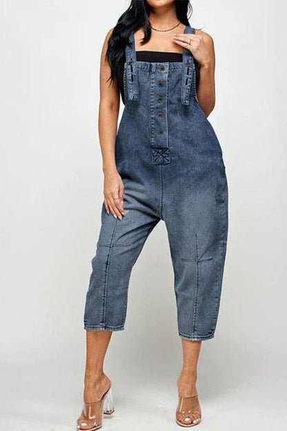 Street Patch Button Square Neck Pocket Straight Jumpsuit