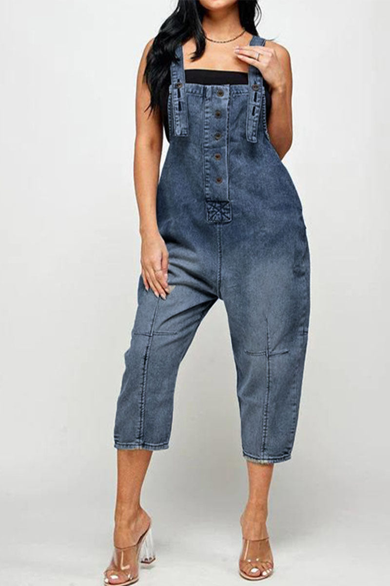 Street Patch Button Square Neck Pocket Straight Jumpsuit