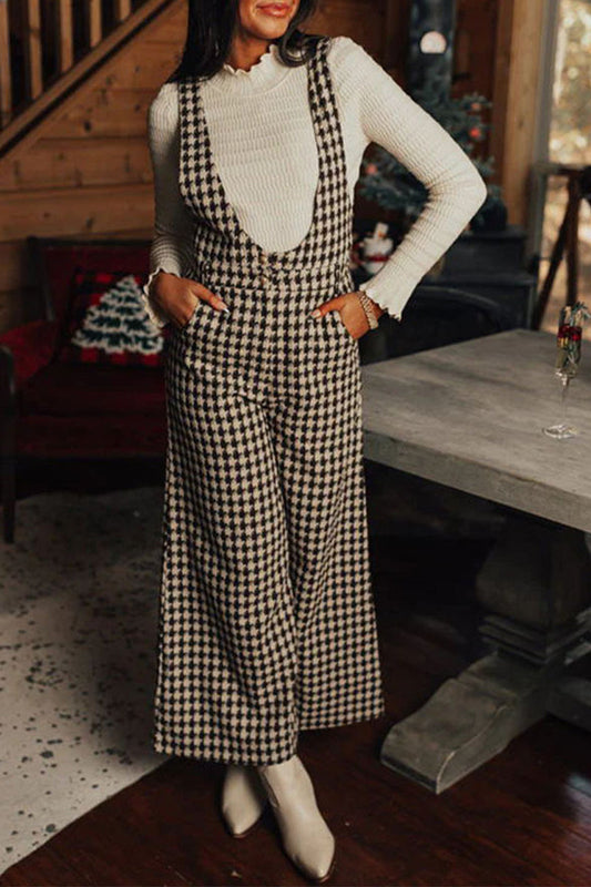 Plaid Pocket U Neck Loose Jumpsuits