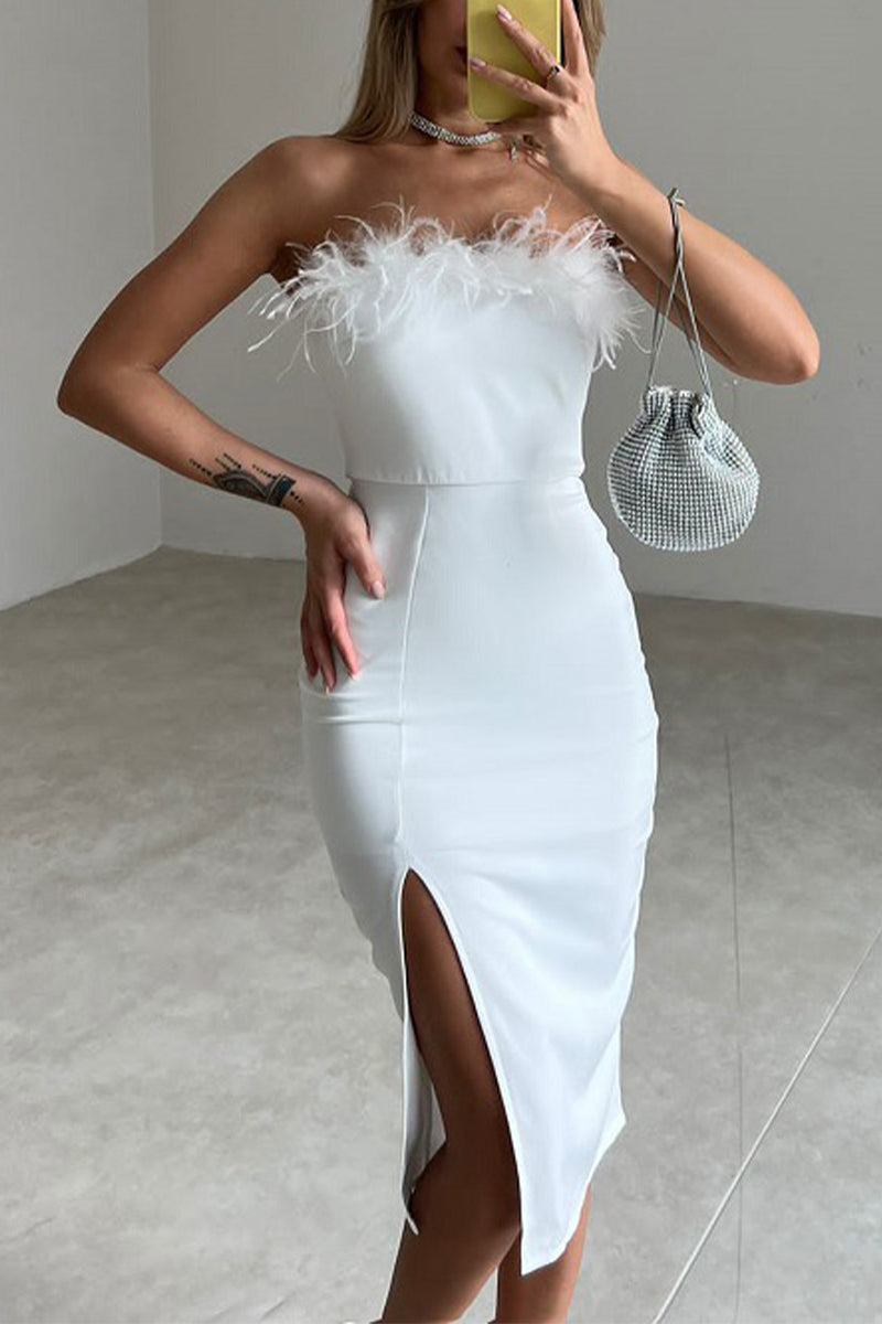 Feathers Slit Strapless Wrapped Skirt Dresses