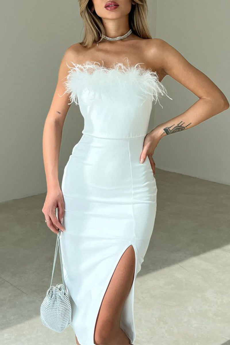Feathers Slit Strapless Wrapped Skirt Dresses