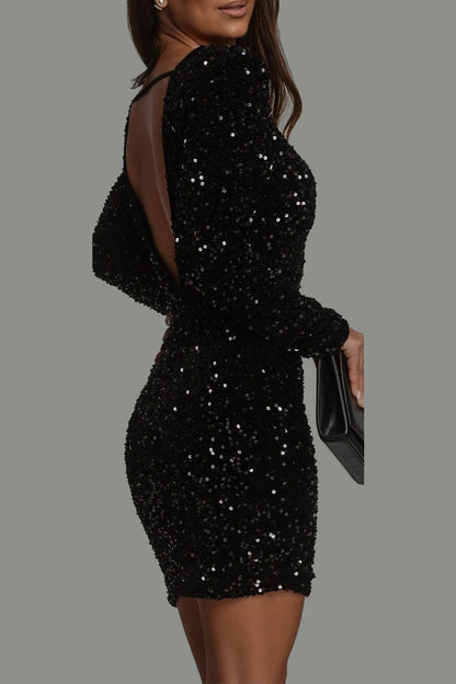 Backless Sequined O Neck Wrapped Skirt Dresses(5 Colors)
