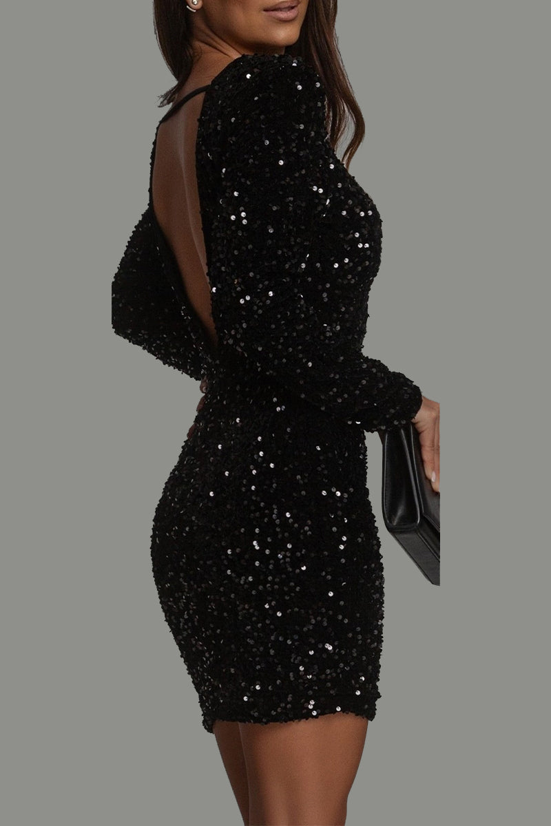 Backless Sequined O Neck Wrapped Skirt Dresses