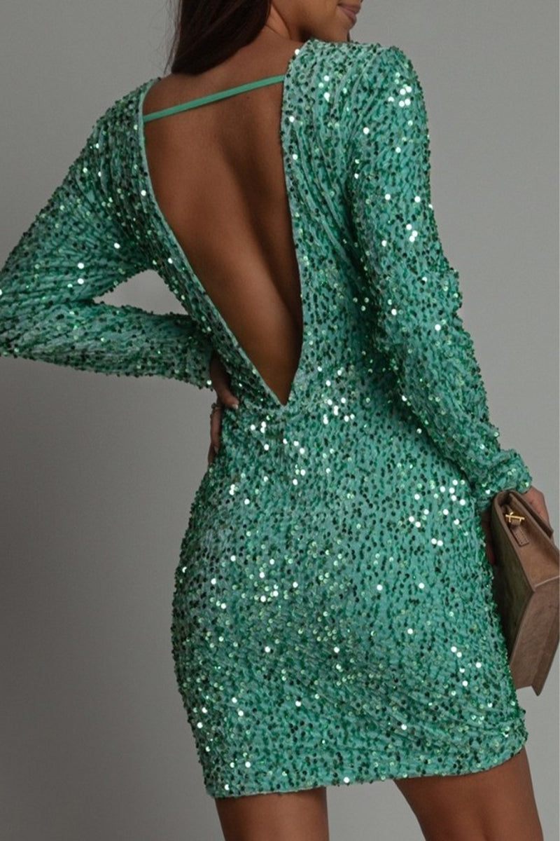 Backless Sequined O Neck Wrapped Skirt Dresses(5 Colors)